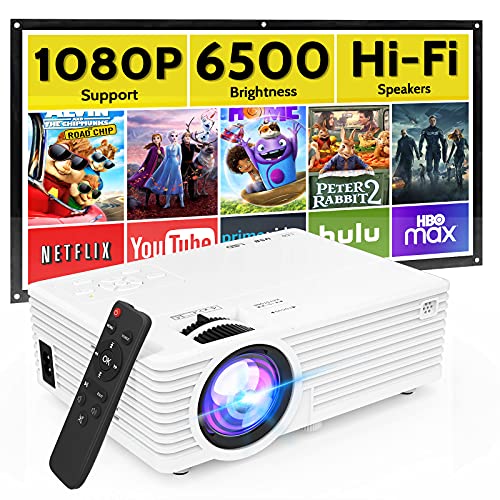 Mini Video Projector with 6500 Brightness, 1080P Supported, Portable Outdoor Movie Projector, 176″ Display Compatible with TV Stick, HDMI, USB, VGA, AV for Home Entertainment