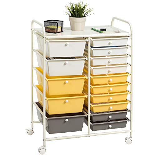 RELAX4LIFE Storage Drawer Carts W/15-Drawer,Rolling Wheels Semi-Transparent Multipurpose Mobile Rolling Utility Cart for School, Office, Home, Beauty Salon Storage Organizer Cart (Yellow)