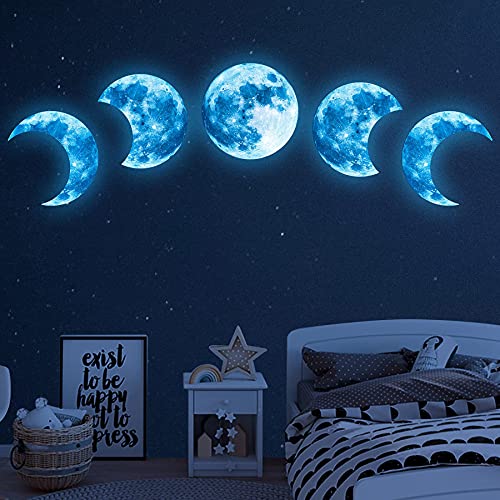 Large Glow in The Dark Moon Wall Decals Luminous Space Planet Moon Phases Wall Sticker Glow in The Dark Stickers for Ceiling Removable Vinyl Boho Wall Decor for Kids Boys Girls Bedroom Nursery… (Moon Phases-Blue)