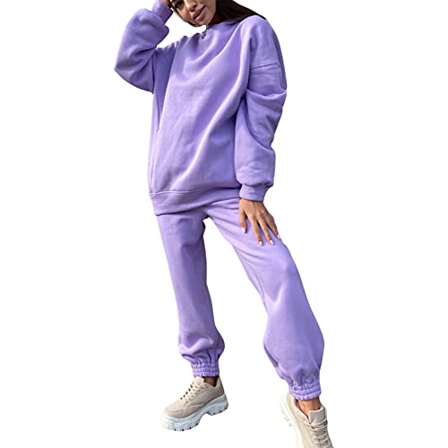 FOCUSNORM Women Jogger Outfit Matching Sweat Suits Long Sleeve Hooded Sweatshirt and Sweatpants 2 Piece Sports Sets (Purple, S)