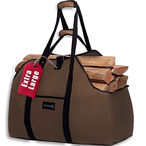 Outdoor 360 Firewood Bag Carrier – Extra Large Wood Bag for Firewood-Water Resistant Carrying Bag with Padded Handles & A Handy Side Pocket-24 L x19 H x12-Waxed Canvas Log Tote for Home or Camping