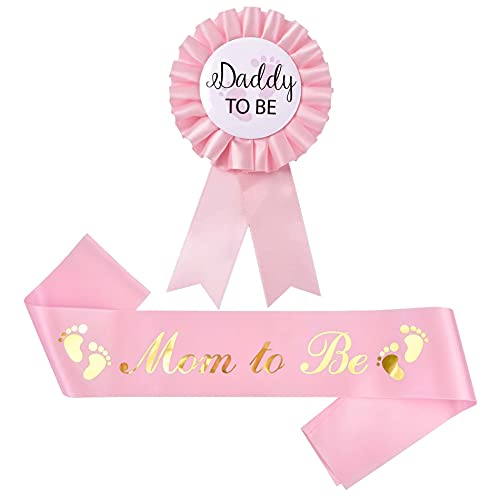 MGJSRNH Pink Mom to Be Sash and Tinplate Badge Daddy to Be Combo Set,Girl or Boy,Baby Shower Supplies,Baby Gender Reveal Party Gifts