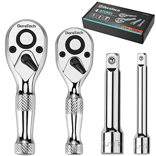 DURATECH Stubby Ratchet Set, 1/4-Inch and 3/8-Inch Ratchets with 2 Extension Bars, 4-piece, 72-T Reversible Quick-Release Head, Chrome Plated Finish and Full Polish