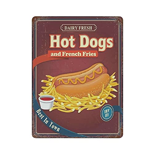 Hot Dog And French Fries Tin Sign Metal Plaque Art Hanging Iron Painting Retro Home Kitchen Garden Garage Wall Decor 16″x12″