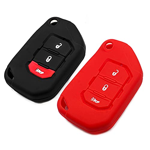 EYANBIS Silicone Key Fob Cover Fit for 2021 2020 2019 2018 Jeep Wrangler JL JLU Rubicon Jeep Gladiator JT Sahara JLU Flip 3 Buttons | Car Accessories | Remote Key Protection Case – Black & Red