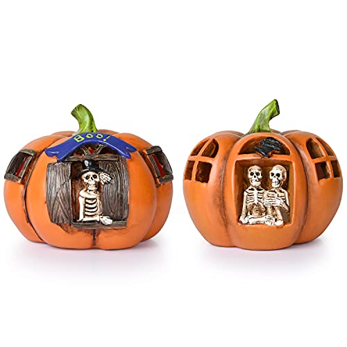 Lvydec Halloween Pumpkin Figurine Lights Decoration, Set of 2 Pre-Lit Pumpkin Houses with Skeletons Figurine for Holiday Party Haunted House Home Decor
