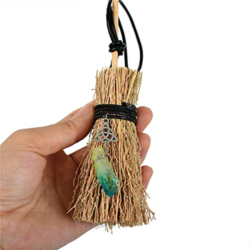 Crystal Witch Wiccan Altar Broom -Mini Wicca Car Trim Pendant Crystal Wand Points Broom Healing Home Halloween Decor (Green Yellow)