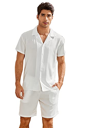 MakeMeChic Men’s 2 Piece Button Down Short Sleeve Shirt Top and Shorts Set White XXL