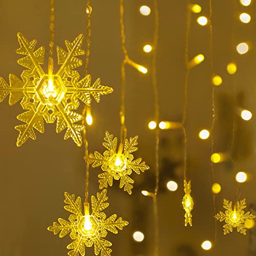 Snowflake Curtain Lights: 212 LED String Lights with 15 Snowflakes, Decorative Twinkle Window Fairy Light 8 Modes for Indoor Home Bedroom Wall Garden Patio Porch Party Wedding Xmas Decor
