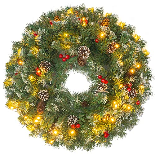 Dazzle Bright 24 Inch Pre-Lit Christmas Wreath, Large Artificial Wreath with Red Berry Pine Cone Spruce, Battery Operated 50 LED Christmas Door Decorations Outdoor Indoor for Front Door Mantel Decor