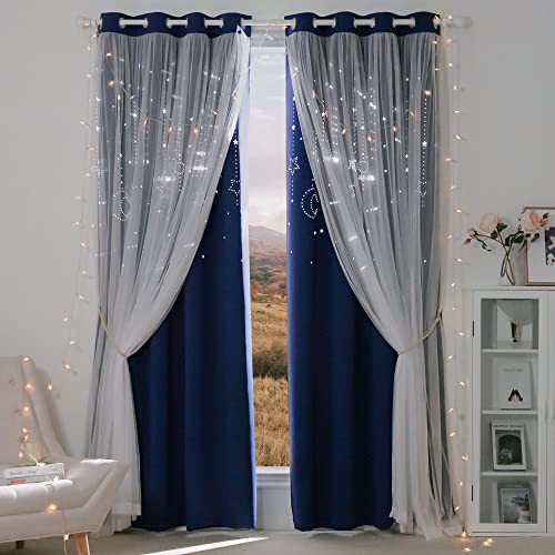 NICETOWN Stars and Moon Hollow-Out Blackout Curtains for Kids Room / Nursery, Grommet Top 2 Layer Window Treatment Curtain Panels for Living Room / Thanksgiving (2-Pack, W52 x L84 inches, Navy Blue)