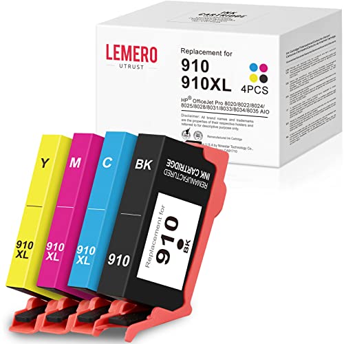 LemeroUtrust Remanufactured Ink Cartridge Replacement for HP 910 910XL use with HP OfficeJet Pro 8022 8020 8028 8025 8035 8031 8015 8033 8018 Printer (Black Cyan Magenta Yellow, 4-Pack)