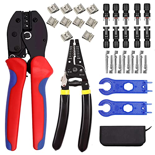 QeeHeng Solar Crimping Tools for Solar Cable Connector,Crimping Tool kit for AWG26-10 2.5/4/6mm² Solar Panel PV Cable,1 Crimper,1 Wire Stripper,5 Pair Male/Female Solar Panel Connectors,2 Wrenches