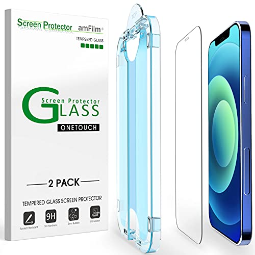 amFilm 2 Pack OneTouch Glass Screen Protector for iPhone 12 / iPhone 12 Pro (6.1″, 2020) with Easy Installation Kit