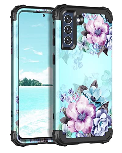 Casetego for Galaxy S21 FE 5G Case,Floral Three Layer Heavy Duty Sturdy Shockproof Soft Silicone Rubber+Hard Plastic Bumper Protective Cover Case for Samsung Galaxy S21 FE 5G,Blue Flower