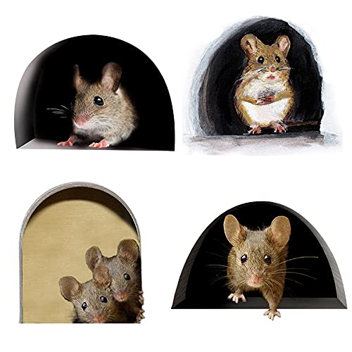 3D Mouse Hole Realistic Wall Sticker,Mouse in a Hole Wall Decal Fun Art,Home Decor,Vinyl,for Living Room Nursery Bedroom Kids Room Wall Decoration (4 Pieces / Set)