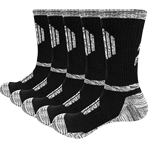 YUEDGE 5 Pairs Men’s Hiking Socks Performance Sports Cushion Crew Socks Breathable Cotton Socks For Men (Black, Size 11-13)