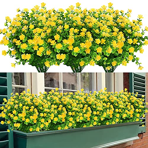 GETYARD 24 Bundles Outdoor Artificial Flowers for Decorations, No Fade Fake UV Resistant Plastic Greenery Plants for Garden Patio Porch Window Box Home Wedding Décor (Yellow)