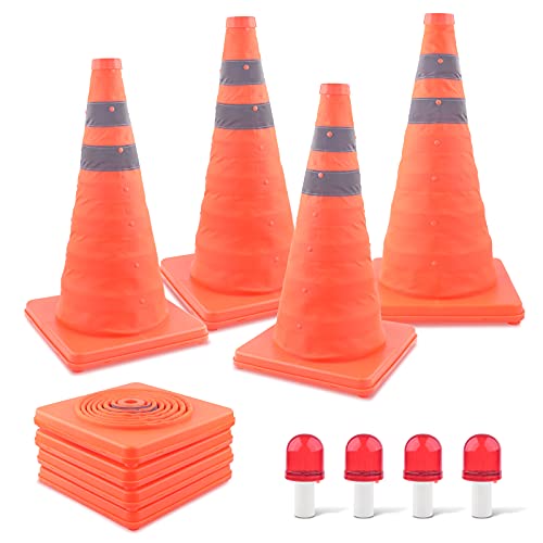 ERKOON 4 Pack 18 inch Collapsible Traffic Cones, Safety Cones with 4 LED Safety Road Parking Cones Driving Construction Cones Fluorescent Orange Pop Up Reflective Safety Traffic Cones
