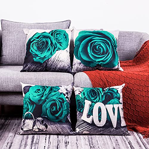 Green Throw Pillow Covers 18 x 18 Inch Rose Pattern 4 Pack Cozy Cotton Linen Square Decorative Pillow Cases for Farmhouse Couch Living Room Bedroom Outdoor Modern Home Decor Turquoise Cushion Cover