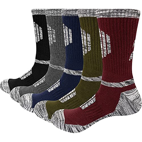 YUEDGE 5 Pairs Men’s Hiking Socks Performance Sports Cushion Crew Socks Breathable Cotton Socks For Men (Multicolor, Size 9-12)