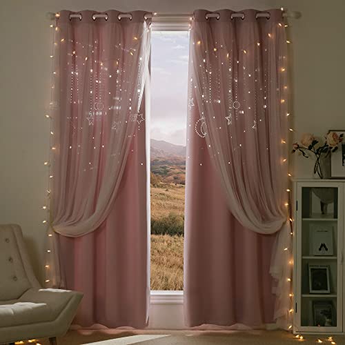 NICETOWN Pink Curtains for Girls Bedroom / Kids Room, Moon and Star Hollow Out Blackout Curtains for Nursery, Double-Layer Grommet Window Drapes for Christmas Decor, 52″ W by 84″ L, Set of 2