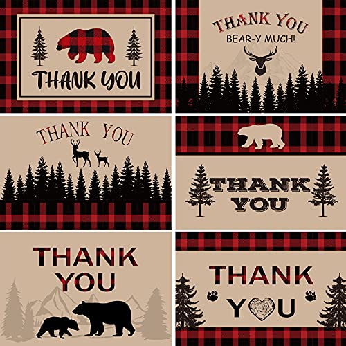 Bear Lumberjack Thank You Cards with Envelopes Lumberjack Baby Shower Thank You Cards Woodland Baby Shower Thank You Notes Bear Themed Supplies Thank You Cards 6 x 4 Inch for Party Weeding (48)
