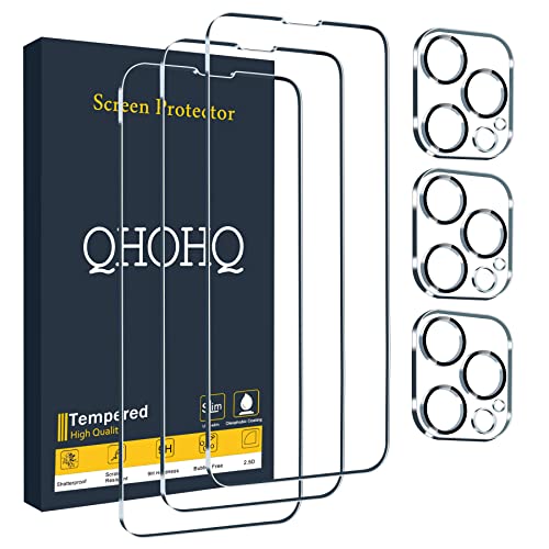 QHOHQ 3 Pack Screen Protector for iPhone 13 Pro 6.1 Inch with 3 Pack Tempered Glass Camera Lens Protector, Ultra HD, 9H Hardness, Scratch Resistant – Case Friendly [Not fit iPhone 13 Pro Max 6.7″]