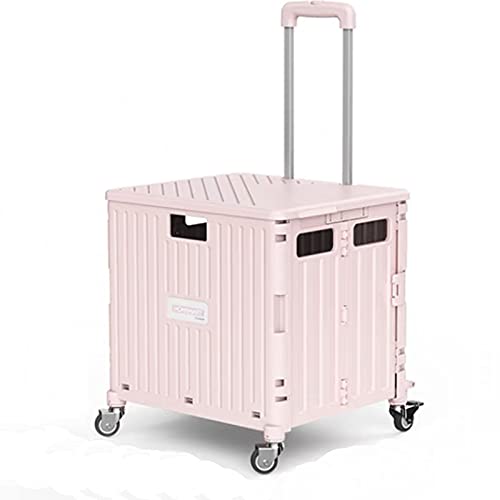 Folding Shopping Cart Small Pull Cart Folding Shopping Cart Small Trolley Pull Rod Cart Portable Trailer Home Take Delivery Magic Made from Heavy Duty Plastic and Used As A Seat (Color : Pink)