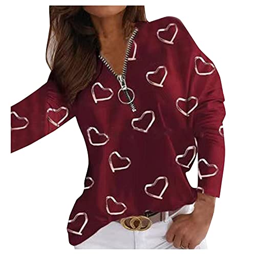 Wirziis Long Sleeve Shirt for Women, Casual Loose Fit Trendy Heart Print Tunic Tops Ladies Sexy Crewneck Comfy Zipper Blouses