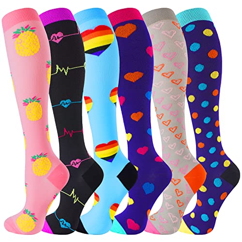 bropite 6 Pairs Compression Socks for Women & Men 20-30mmhg Medical Knee High Stockings (Multicolored 01 Compression Socks, Large-X-Large)