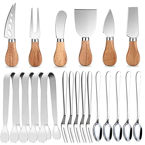 Linwnil Cheese Knife Set ,6pcs Cheese Spreader Knives with Wood Handle Steel Stainless 6 Slate Markers 4 Mini Spoons 4 Forks for Charcuterie Board Accessories
