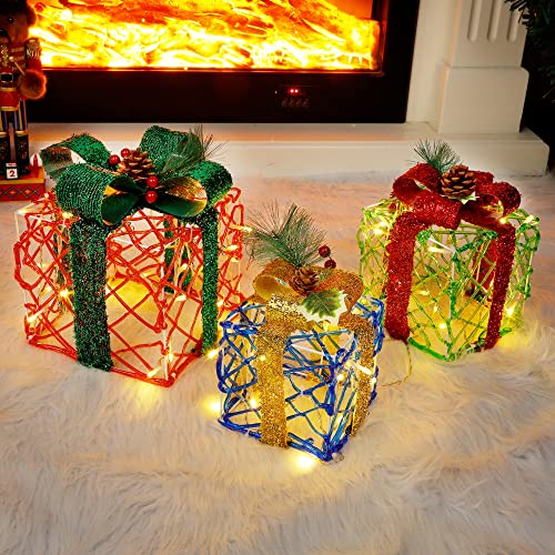 ATDAWN Set of 3 Lighted Gift Boxes Christmas Decorations, Colored Acrylic Pre-lit Present Boxes, Christmas Home Gift Box Decorations