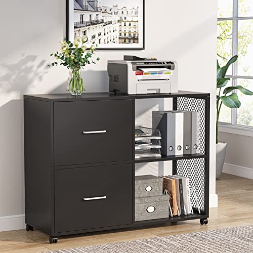 File Cabinet 2-Drawer Wood Mobile Lateral Filing Cabinet Printer Stand with Open Storage Shelves Wheels for Home Office by Tribesigns