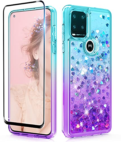 Dzxouui for Moto G Stylus 5G Case with Galss Screen Protector, Girls Women TPU Clear Cover Moving Quicksand Glitter Cute Phone Cases for Motorola Moto G Stylus 5G 2021 (Teal/Purple)