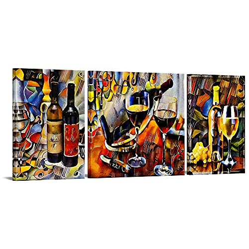 VANSEEING 3 Panel Kitchen Picture Wall Decor Wine in The Style of Cubism Abstract Canvas Wall Art Red Wine and Grapes Oil Painting Glass Bottle Painting Print for Living Room Dinning Room Decor Framed