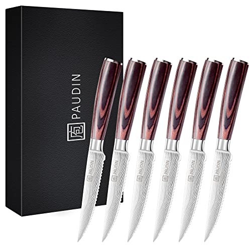 PAUDIN Steak Knives Set of 6, Kitchen Steak Knife 4.5 Inch, High Carbon Stainless Steel Steak Knives, Serrated Steak Knife with Pakkawood Handle, Dinner Knives with Gift Box