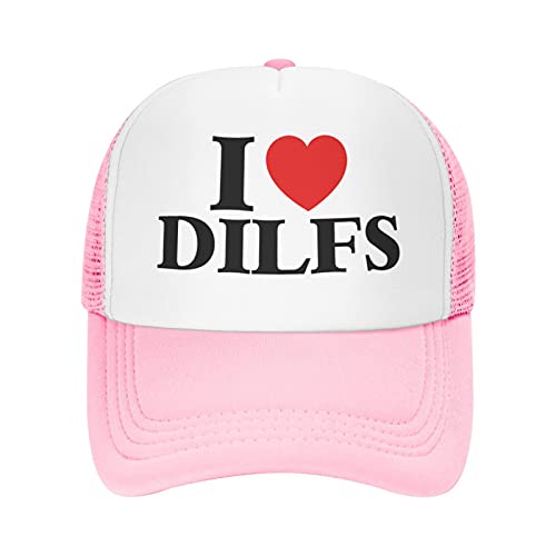 I Love Dilfs Trucker Hat for Men Women Mesh Baseball Cap Adjustable Lightweight Breathable Hat (Pink, OneSize)