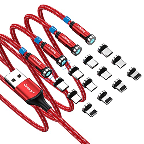 ESSAGER Magnetic Charging Cable 4 Pack(3.3+3.3+6.6+6.6) ft, 360°& 180°Rotation Magnetic Charger Cable with LED Compatible with USB C Type-c Micro 3 in 1 Charger Cable(Red)