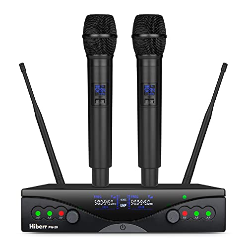 Hiberr Wireless Microphone System, Cardioid Dynamic Vocal Microphone, 240FT, UHF 512 – 542 MHz, 2 * 60 Selectable Frequencies, one-Key Switching Frequency, 15 – 17 Hours(PW-20)