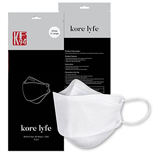 [10 PCS] 25% LARGER KF94 Face Mask – X-LARGE WHITE – [Made in Korea] – In 5 PCS Reclosable Package – Breathable Premium Quality – [Package in English]