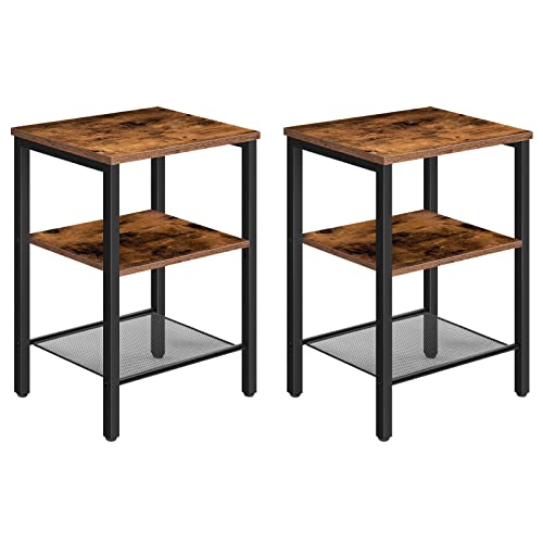 HOOBRO Nightstands Set of 2, 3-Tier Side Table with Adjustable Shelf, Industrial End Table for Small Space in Living Room, Bedroom and Balcony, Stable Metal Frame, Rustic Brown BF12BZ01