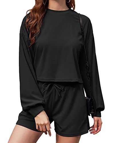 ELESOL Pajama Set for Women Comfy Sweatshirt Puff Sleeve Top and Shorts with Pockets Black L