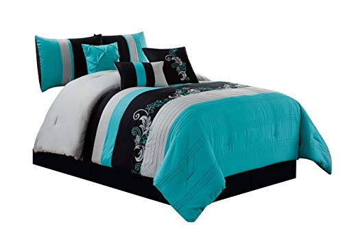 Chezmoi Collection Napa 7-Piece Luxury Leaves Scroll Embroidery Bedding Comforter Set (California King, Teal Blue/Gray/Black)