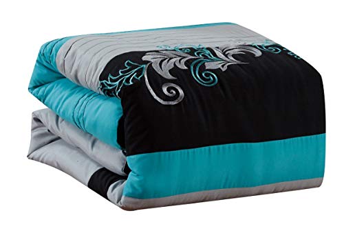 Chezmoi Collection Napa 7-Piece Luxury Leaves Scroll Embroidery Bedding Comforter Set (California King, Teal Blue/Gray/Black) | The Storepaperoomates Retail Market - Fast Affordable Shopping