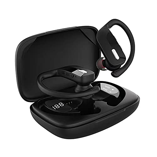AXX Wireless Earbuds Headphones, Bluetooth IPX5 Waterproof Sport Earphones with Charging Case, Deep Bass Ear Hooks Noise Cancelling Earphones for Gym Running Gaming, Black