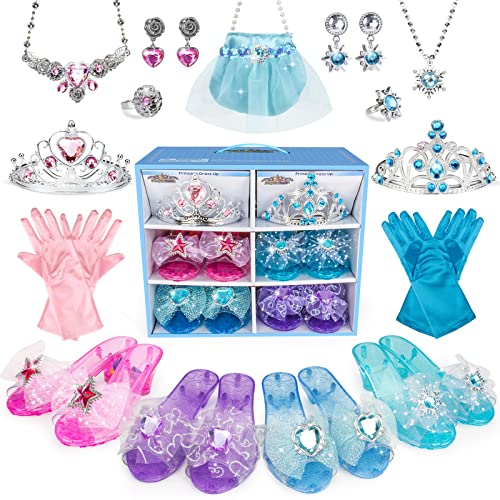 AMOSTING Princess Dress Up Jewelry Toy Heels for Little Girl,Pretend Play Costume Toys with Frozen Hand Bag for Toddler Gifts