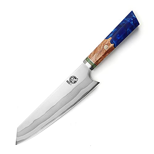 MITSUMOTO SAKARI 8 inch Japanese Kiritsuke Chef Knife, Hand Forged 67 Layers 440C Damascus Steel Kitchen Knives, Professional Meat Sushi Chef’s Knife (Blue Pomegranate Handle & Gift Box)