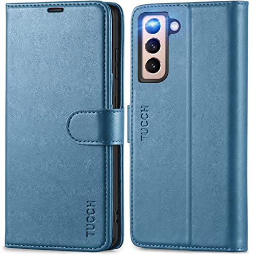 TUCCH Galaxy S21 FE 5G Wallet Case with [TPU Shockproof Interior Case] [RFID Blocking] Folio Stand Card Slot, Magnetic PU Leather Protect Folio Cover Compatible with Galaxy S21FE 6.4″ 2022, Lake Blue