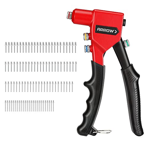 Arrow Hand Riveter Kit, RT187M Professional Pop Rivet Gun with 3/32″, 1/8″, 5/32″, 3/16″ 100 Pieces Rivets (Each 25 Pieces), Great for Metal, Gutter and Automotive Work